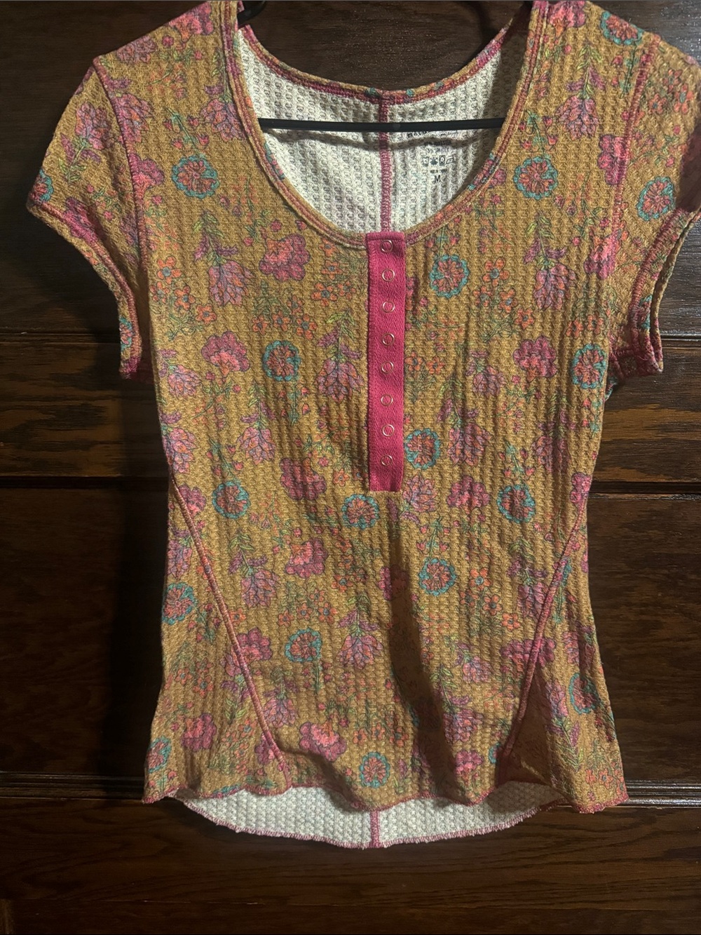 NATURAL LIFE Mustard Floral Short Sleeve Scoop Neck Top with Pink Placket